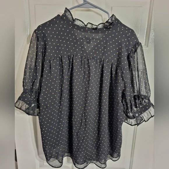 Ann Taylor Women XLP Blouse Black Poly Geometric Button Up Shirt Statement Retro - Picture 3 of 7